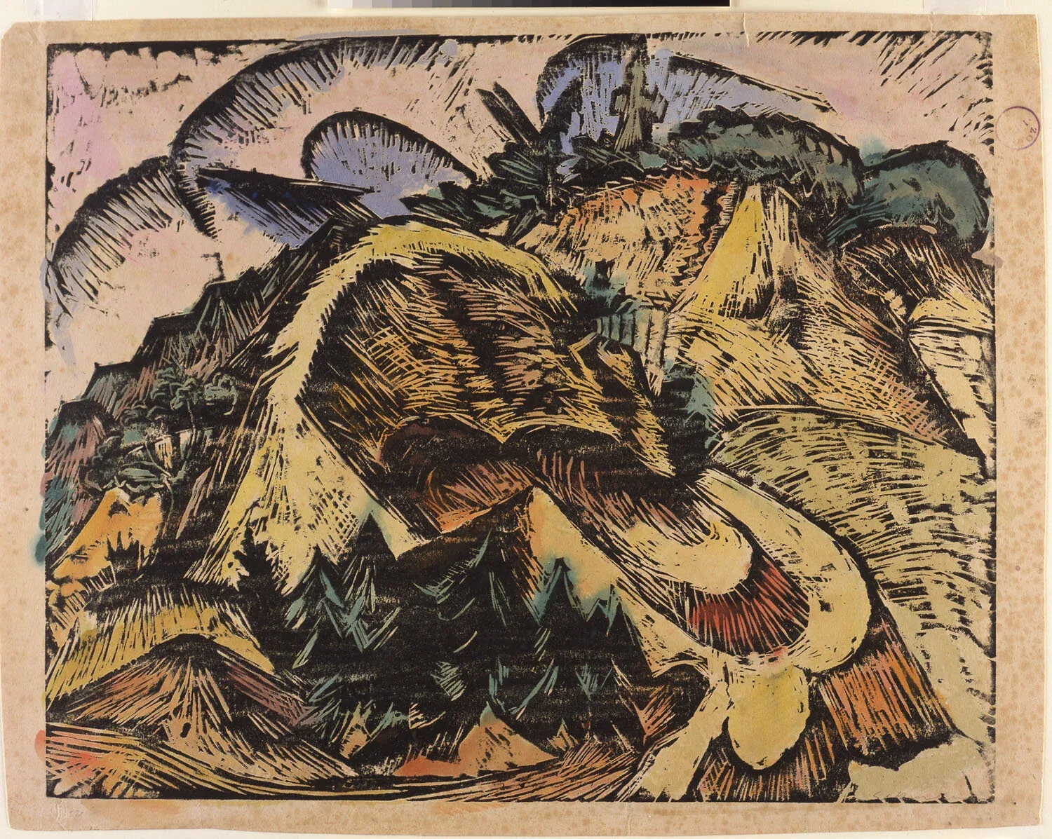 Ernst Ludwig Kirchner (Germany, 1880 - 1938), Sandberge , 1918, woodcut with watercolor on soft wove (blotting) paper, 15 inches. Gift of David and Eva Bradford, 2002.53.22