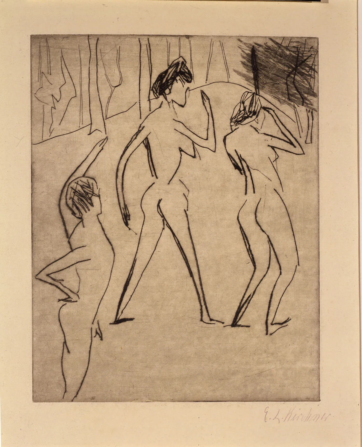  Ernst Ludwig Kirchner (Germany, 1880 - 1938),  Striding Bathers in the Woods (In der Walde Schreitende Badens) , 1910, etching on wove paper, 9 3/4 x 7 3/4 inches. Gift of David and Eva Bradford, 2003.34.2 