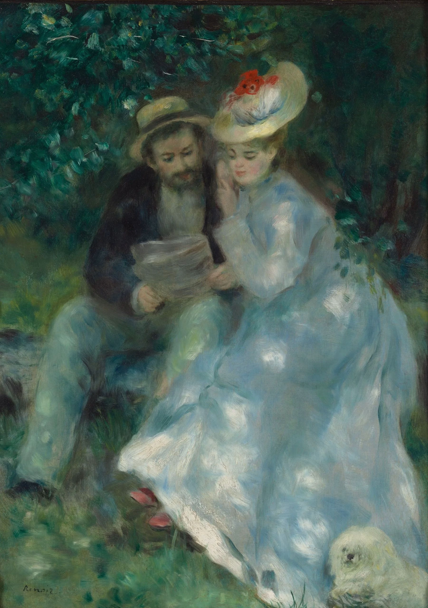 A painting of a man and a woman in elegant attire reading a paper in a lush garden.