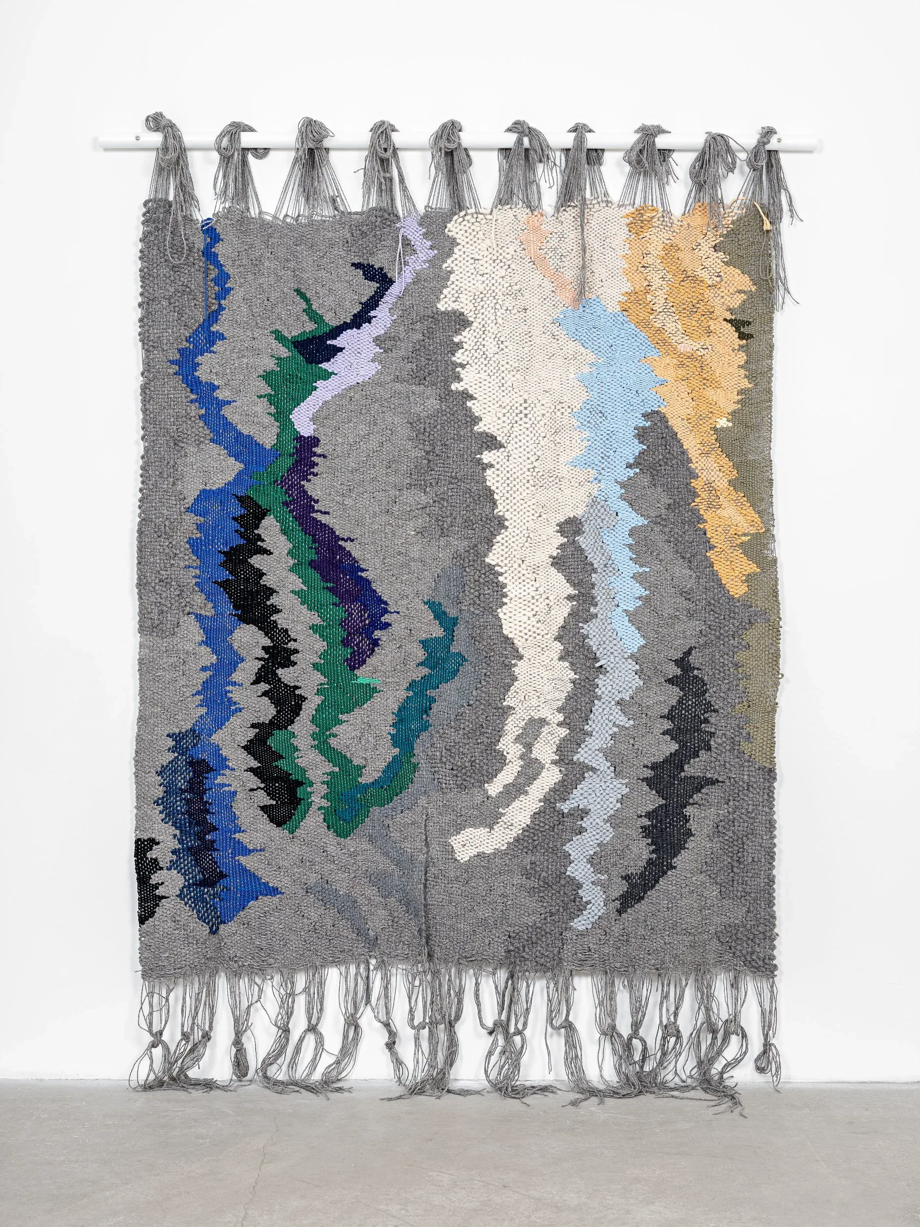 Ann Cathrin November Høibo (Norway, born 1979), I know you less everyday , 2018, handwoven wool, silk, cotton, jersey, plastic, nylon, and wood, 86 1/4 x 66 1/4 x 1 1/34 inches. Collection of Lise Stolt- Nielsen. © Ann Cathrin November Høibo. Photograph by Thomas Tveter