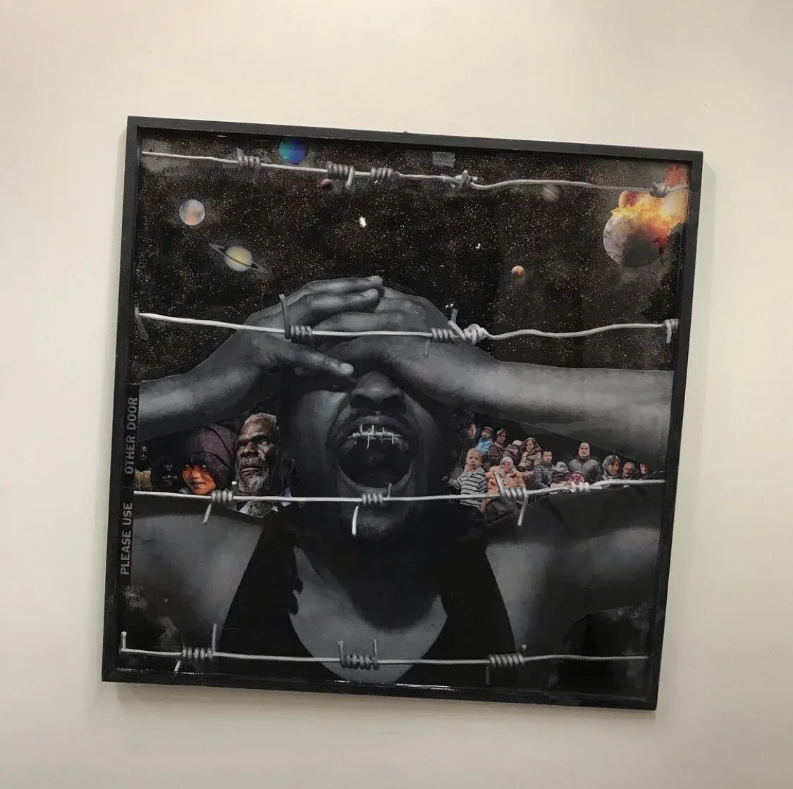 Titi de Baccarat (Gabon (born Democratic Republic of the Congo, 1976)), Galaxy, 2020, Lithograph print, metal slats, collage, glitter powder, and resin, 40 x 40 inches, Courtesy of the artist