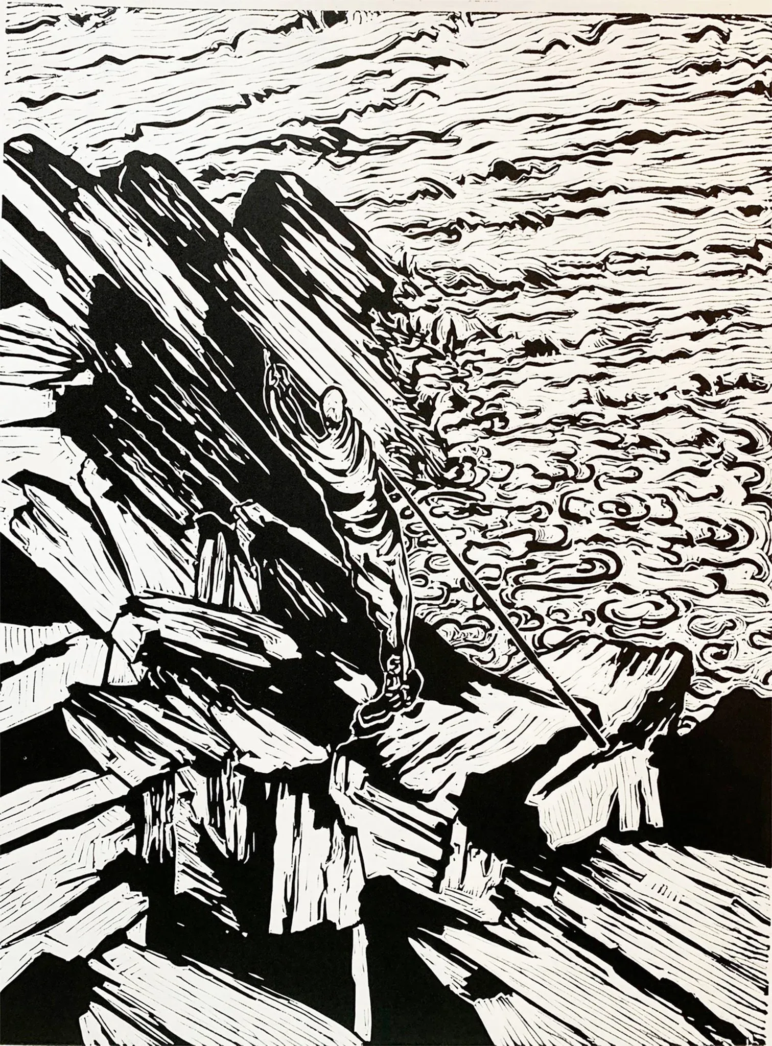 The Fisherman Linoleum block print, 24″ x 18″ | Roux and Cyr International Fine Art Gallery | Portland | rouxandcyrgallery.com