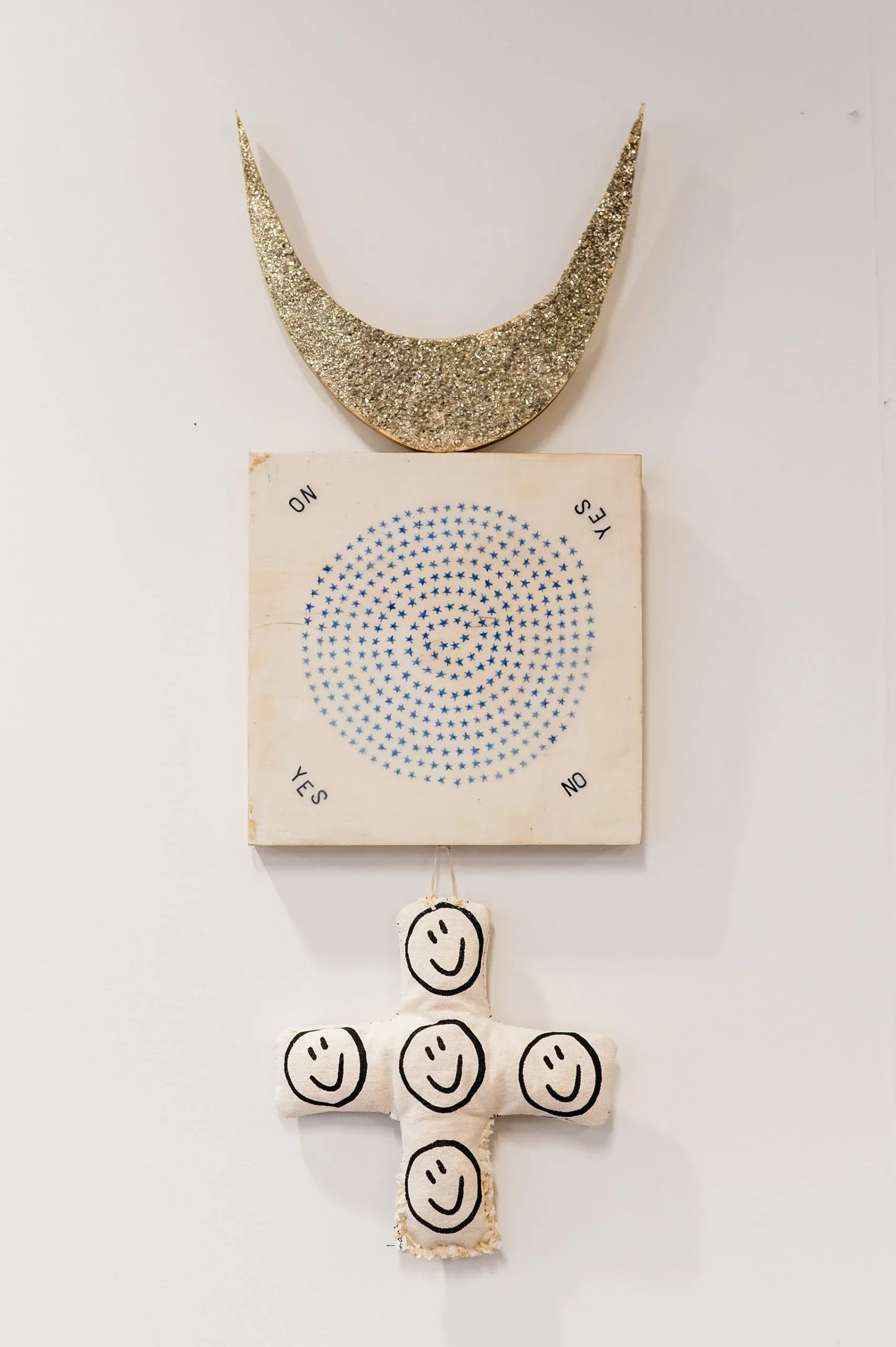 Mercurial Totem Mixed media (wood, wax, handmade plush charm, etc.), 24″ x 8″ x 1″