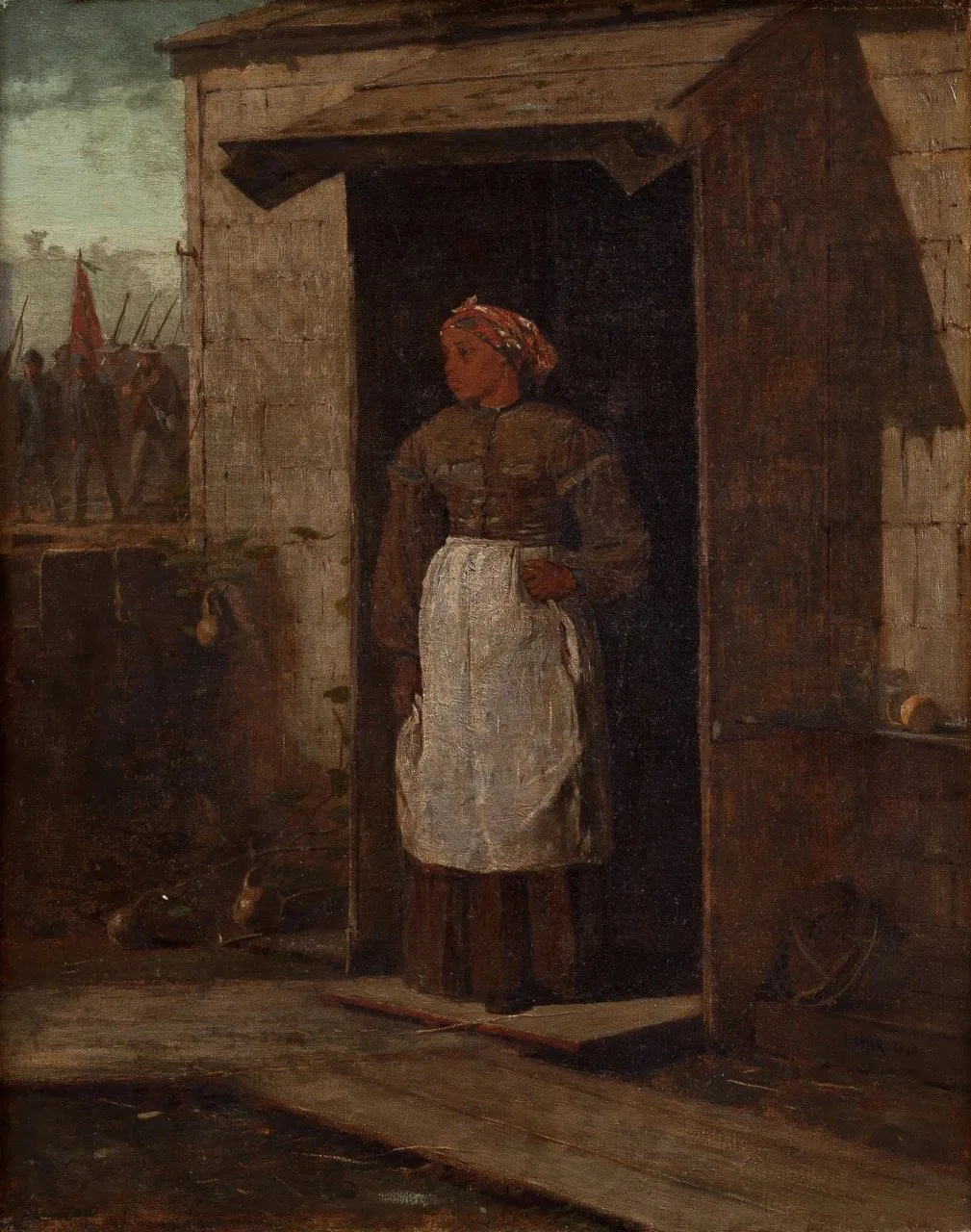 “Near Andersonville,” 1865–66, a small painting of a young Black woman standing in a doorway lost in thought as a group of Confederate troops march by. Credit: The Newark Museum of Art, New Jersey