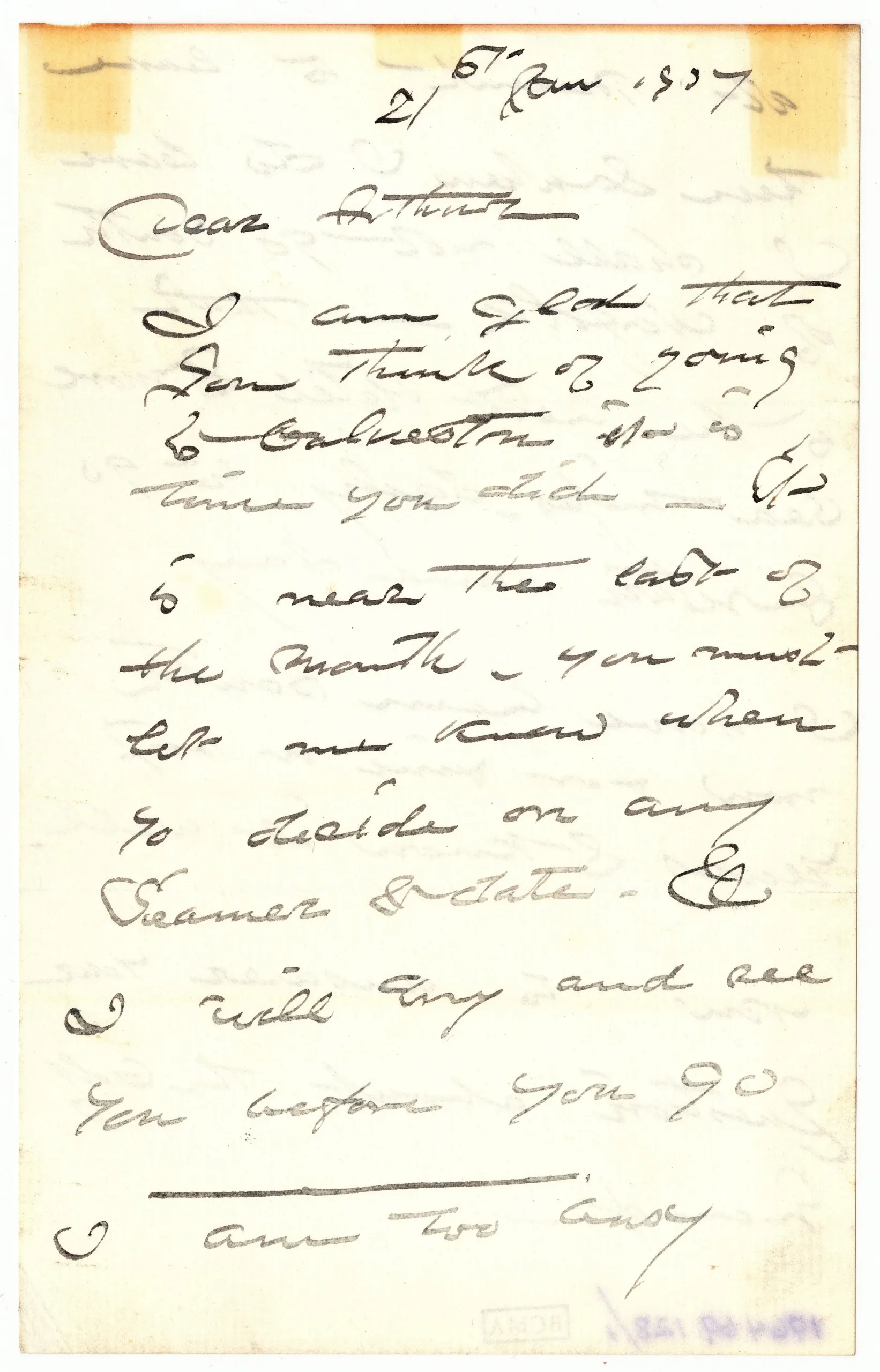 Winslow Homer, Letter to Arthur B. Homer (Brother) , January 21, 1907, ink on paper, Bowdoin College Museum of Art, Brunswick, Maine, Gift of the Homer Family, 1964.69.128.a.–c.