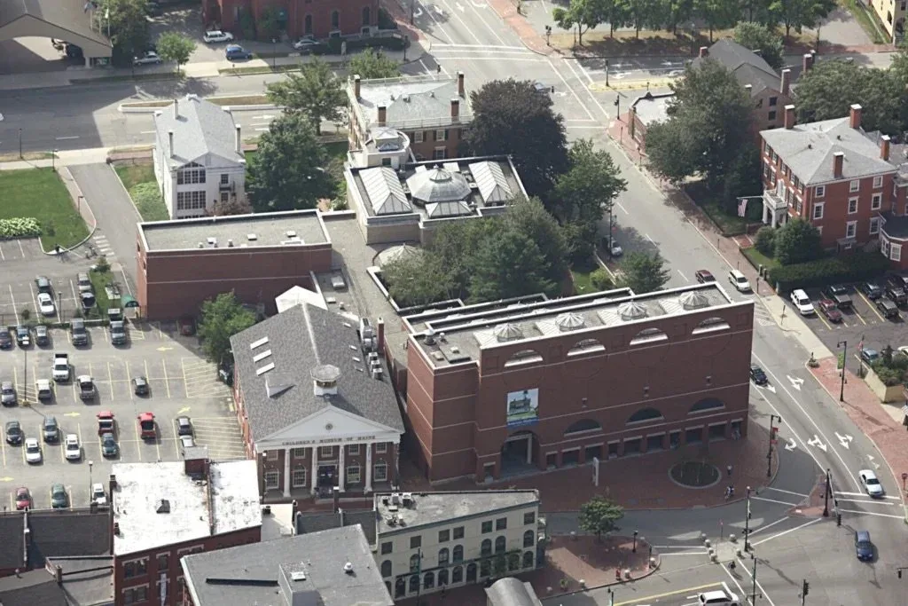 An aerial view of the Portland Museum of Art’s campus at Congress, Free and High streets, with the Payson Building at right and, to its left, the former Children’s Museum where the expansion plan is focused. Photo courtesy of the Portland Museum of Art
