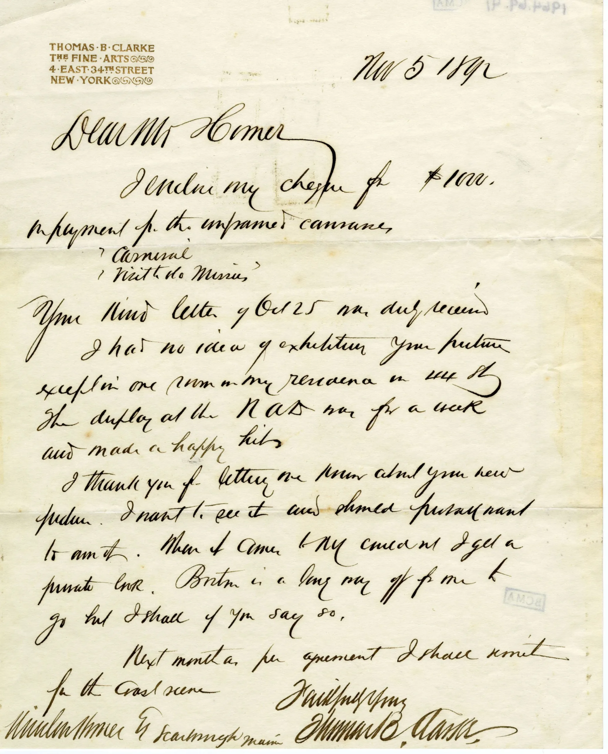 Thomas B. Clarke, Letter to Winslow Homer, November 5, 1892, ink on paper, Bowdoin College Museum of Art, Brunswick, Maine, Gift of the Homer Family, 1964.69.41