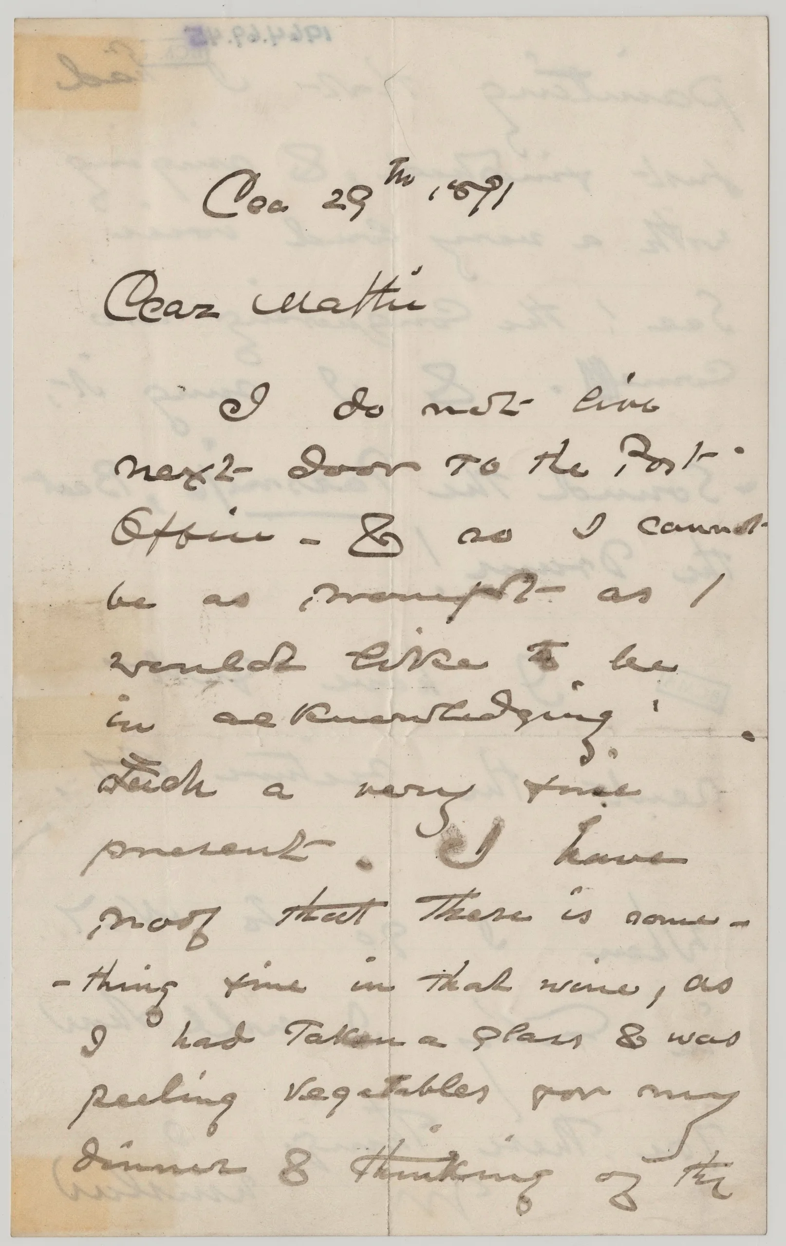 Winslow Homer, Letter to Mattie Homer , December 29, 1891, ink on paper, Bowdoin College Museum of Art, Brunswick, Maine, Gift of the Homer Family, 1964.69.45