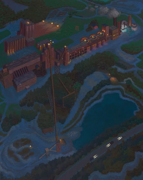 Yvonne Helene Jacquette United States, 1934–2023 Dragon Cement Co., Thomaston, Maine II, 1995 oil on linen, 80 x 63 1/2 inches Museum purchase with support from the Friends of the Collection, 2002.15 © Yvonne Jacquette