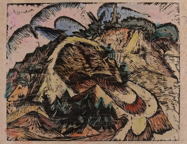 Ernst Ludwig Kirchner Germany, 1880–1938 Sandberge, 1918 woodcut with watercolor on soft wove (blotting) paper, 15 x 18 3/4 inches Gift of David and Eva Bradford, 2002.53.22