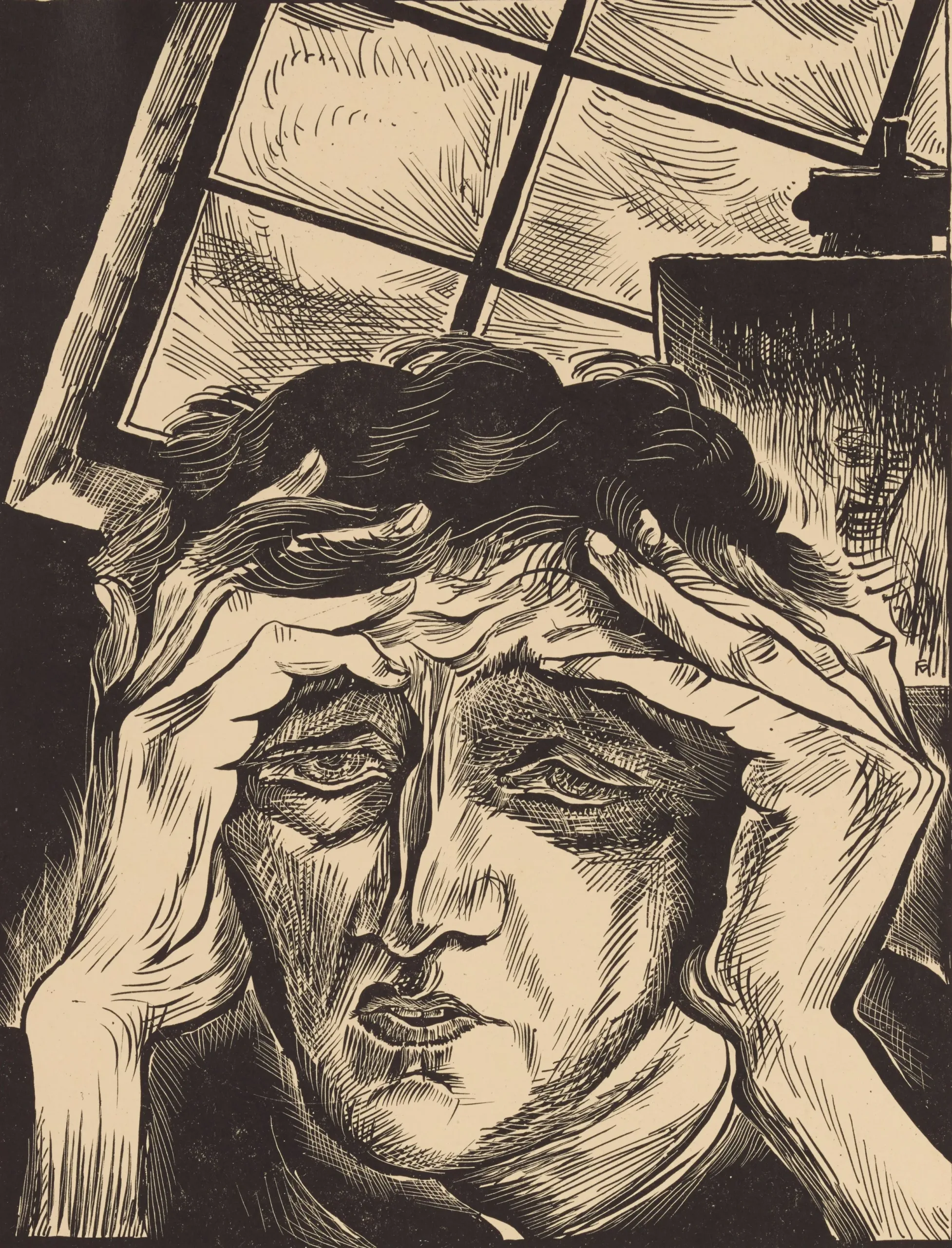 Conrad Felixmüller (Germany, 1897-1977), Depression in Studio, (Bedrucktsein in Studio), 1927, lithograph, 10 3/8 x 8 inches. Gift of David and Eva Bradford, 2006.30.5. Image courtesy of Luc Demers