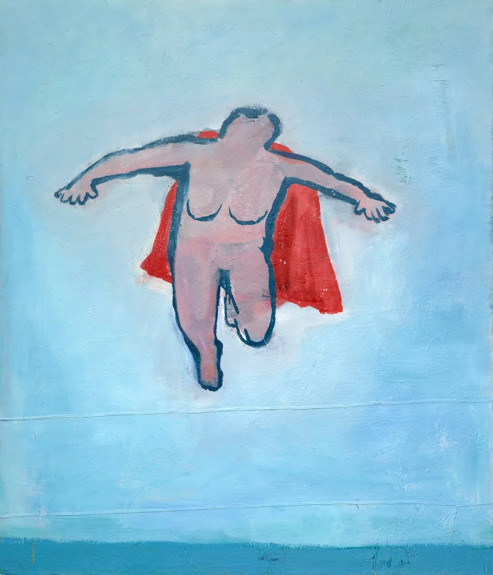 Katherine Bradford (United States, born 1942), Woman Flying , 1999, oil on canvas dropcloth, 84 x 72 inches. Portland Museum of Art, Maine. Museum purchase with support from the Friends of the Collection, 2012.14. © Katherine Bradford