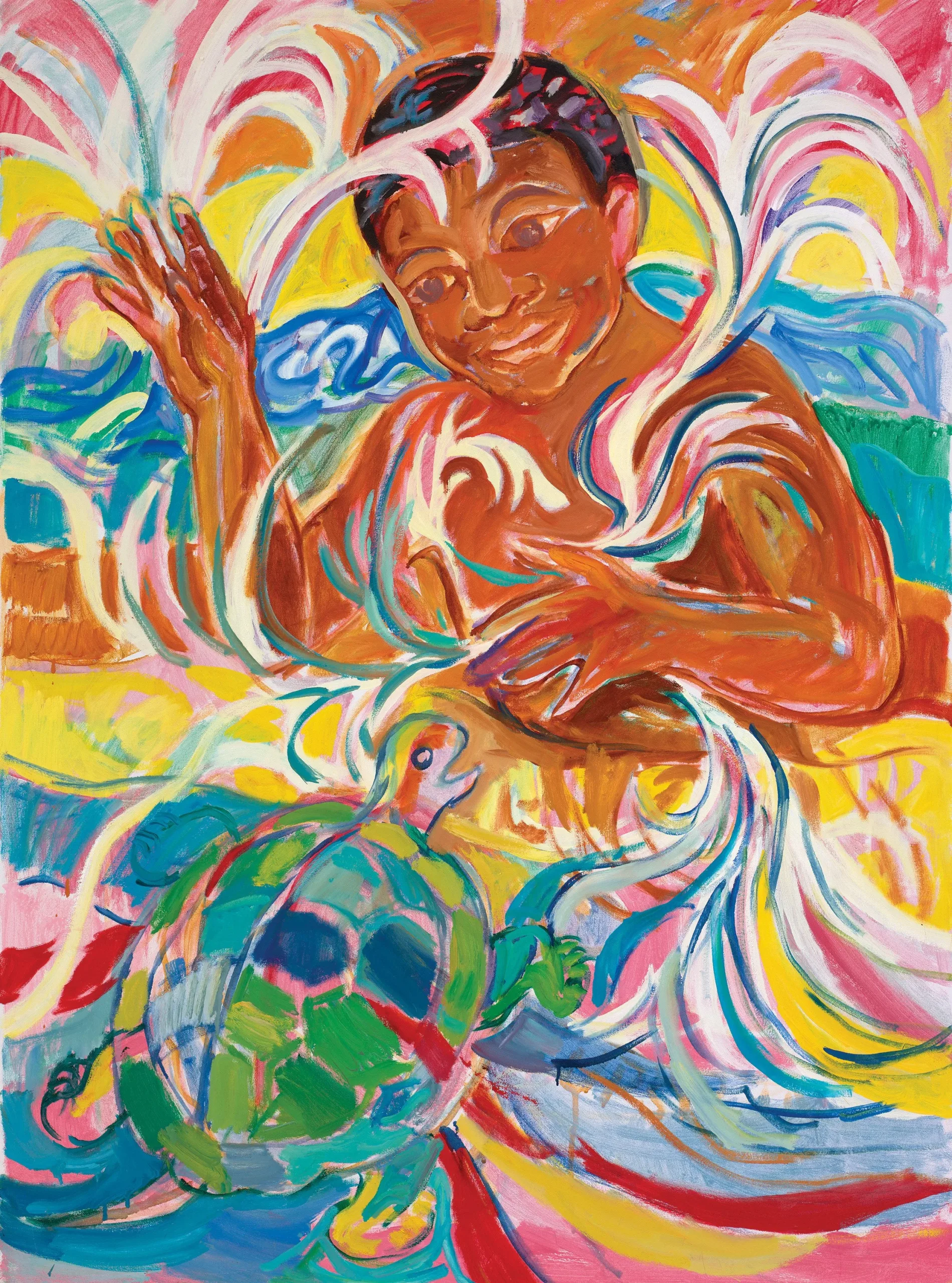 Ashley Bryan (United States, 1923–2022), Turtle Knows Your Name , circa 1989, acrylic on canvas, 48 x 35 1/2 inches. Gift of The Ashley Bryan Center, 2022.5. Image courtesy Luc Demers. © The Ashley Bryan Center