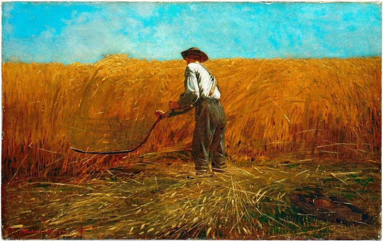 “The Veteran in a New Field” (1865). Homer initially painted a cradle scythe—the implement actually used by soldiers who returned to their fields after the war—but then painted parts of it out and left his veteran wielding the anachronistically stark curve of a scythe that evoked images of the Grim Reaper. Art work courtesy the Metropolitan Museum of Art