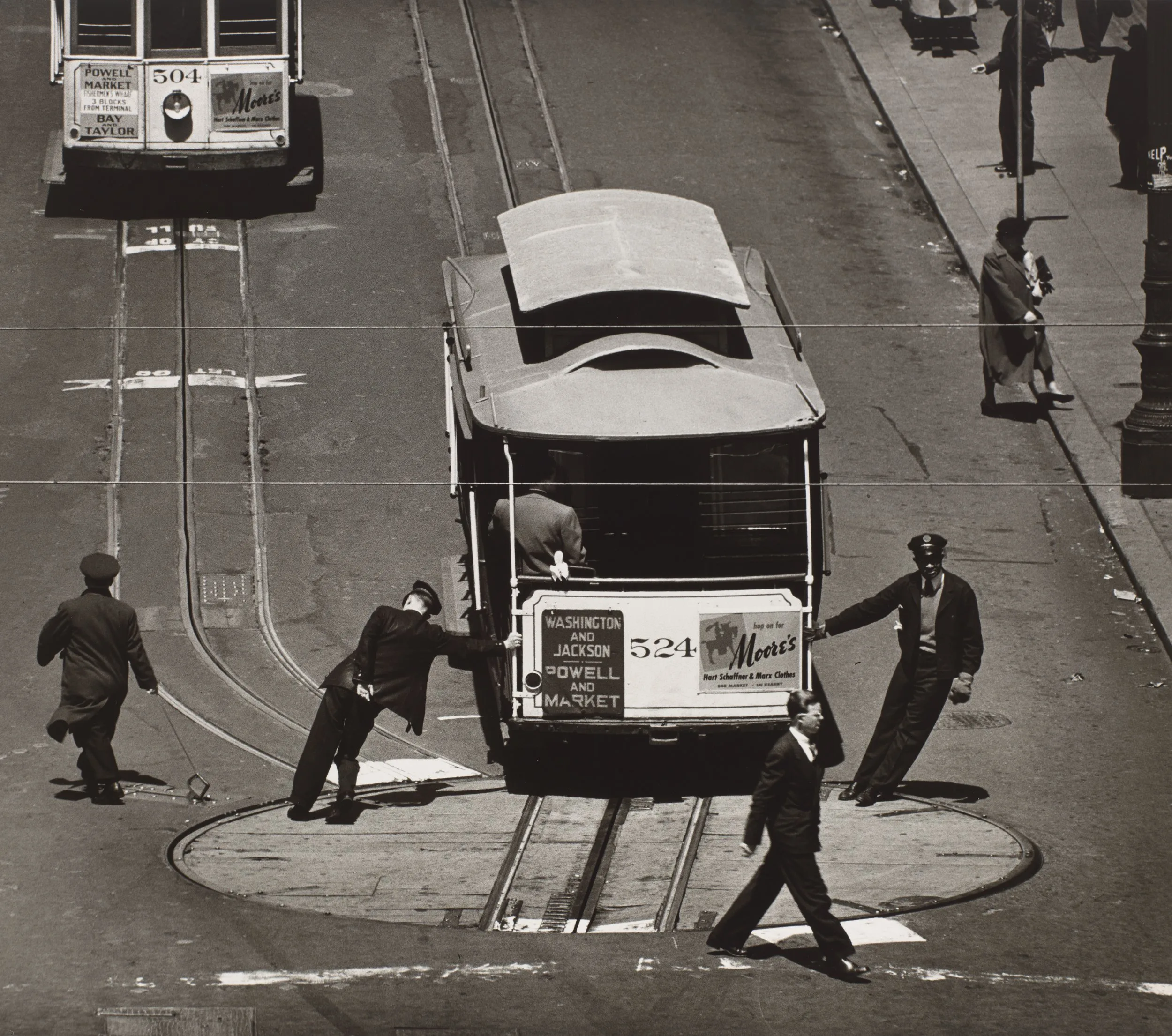 Max Yavno (United States, 1911–1985), Cable Car, San Francisco, 1947, gelatin silver print, 15 1/2 x 17 1/2 inches. Portland Museum of Art, Maine, Promised Gift from the Judy Glickman Lauder Collection, 7.1998.73. Image courtesy Luc Demers. © Center for Creative Photography, The University of Arizona
