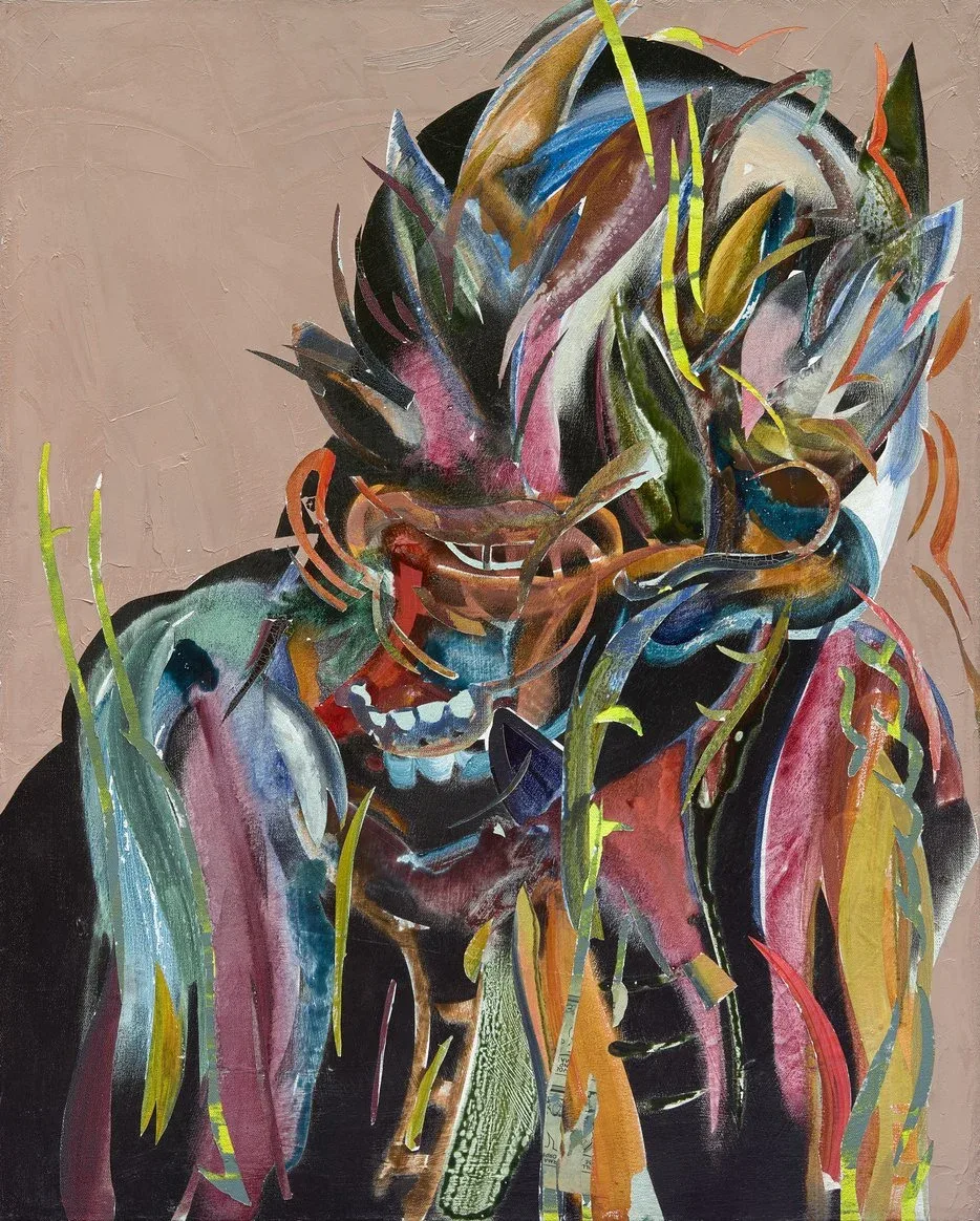 Leasho Johnson (born Montego Bay, Jamaica, 1984), Jaw bone (man looking back at the cane fields) , 2019, charcoal, watercolor, distemper, acrylic, oil stick, oil paint on canvas, 24 × 30 × 1 3/4 inches. Art Gallery of Ontario. Purchase, with funds from Friends of Global Africa and the Diaspora, 2021. 2021/30. © Leasho Johnson. Photo © AGO.