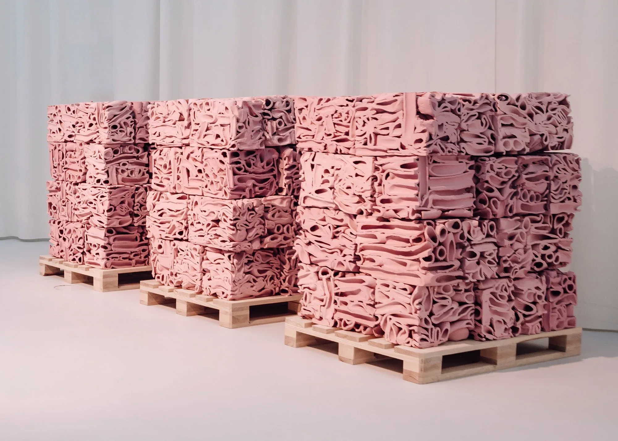 SUPERFLEX (Denmark, established 1993), Vertical Migration , 2019, slip colored ceramic on ash wood pallets, 126 x 47 1/4 x 50 inches. Courtesy of the artists. Vertical Migration is based on the research project Deep Sea Minding , commissioned by TBA21-Academy, as a continuation of their program The Current . Installation view: maat – Museum of Art, Architecture and Technology (Lisbon), 2021. © Courtesy of EDP Foundation. Photography by Francisco Nogueira