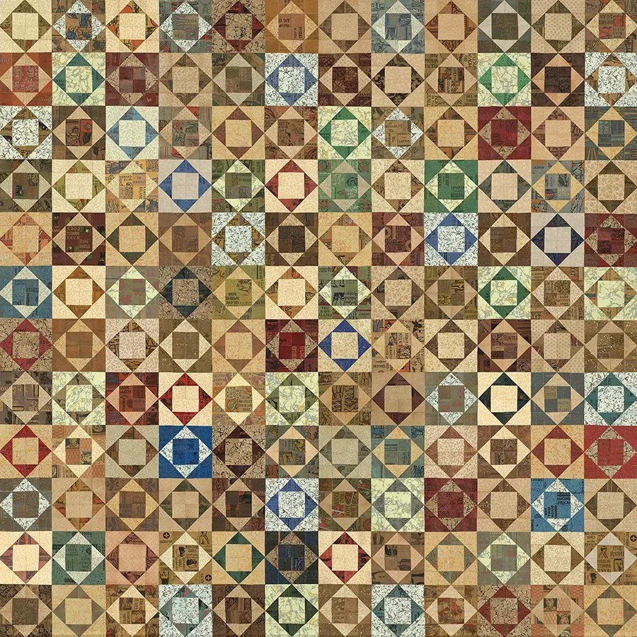 Patchwork Quilt Mixed media (acrylics, dyes, and recycled books), 48″ x 48″