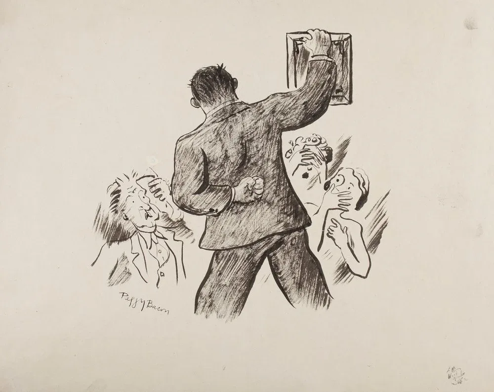 Peggy Bacon (United States, 1895-1987), Auction Notice , 1931, ink on wove paper, 7 1/2 x 8 3/4 inches. Portland Museum of Art, Maine. Museum purchase with support from May-Leigh Call Smart, 1981.1089