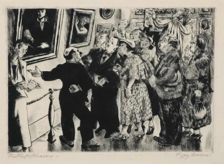 Peggy Bacon (United States, 1895-1987), Aesthetic Pleasure , 1936, drypoint on laid paper, 7 3/16 x 10 7/8 inches. Portland Museum of Art, Maine. Gift of Harold Shaw, 1984.387. Image courtesy Petegorsky/GipePhoto