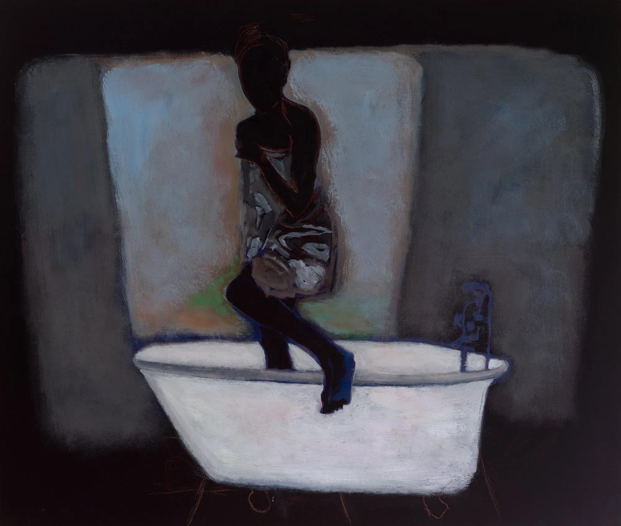Reggie Burrows Hodges (United States, born 1965), Bathers and the Cleansed: Pearl , 2021, acrylic paint and pastel on canvas, 48 1/2 x 57 x 2 1/2 inches. Courtesy of Karma and the artist. © Reggie Burrows Hodges. Photograph by Luc Demers