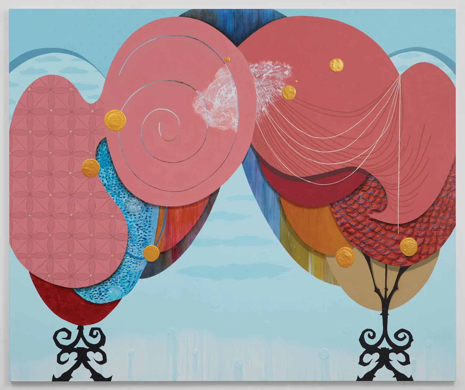 Carrie Moyer (United States, born 1960), Humming at the Gate , 2020, acrylic and glitter on canvas, 90 x 108 inches. Courtesy of the artist and DC Moore Gallery, New York. Courtesy of Alan Weiner Photography © the artist Photo courtesy of the Portland Museum of Art