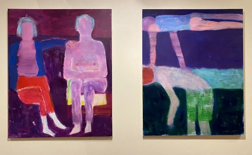 Katherine Bradford , left: Couple No Shirts, 2018, acrylic on canvas, 60 x 48 inches; right: Leap Frog I, 2018, acrylic on canvas, 60 x 48 inches