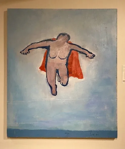 Katherine Bradford, Woman Flying , 1999, oil on canvas dropcloth, 84 x 72 inches