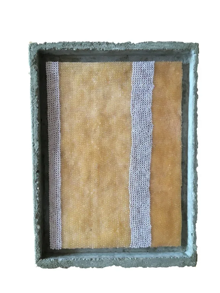 Barnett Newman’s “Ninth Station of the Cross” Glass beads, beeswax, board, and concrete, 8″ x 10″