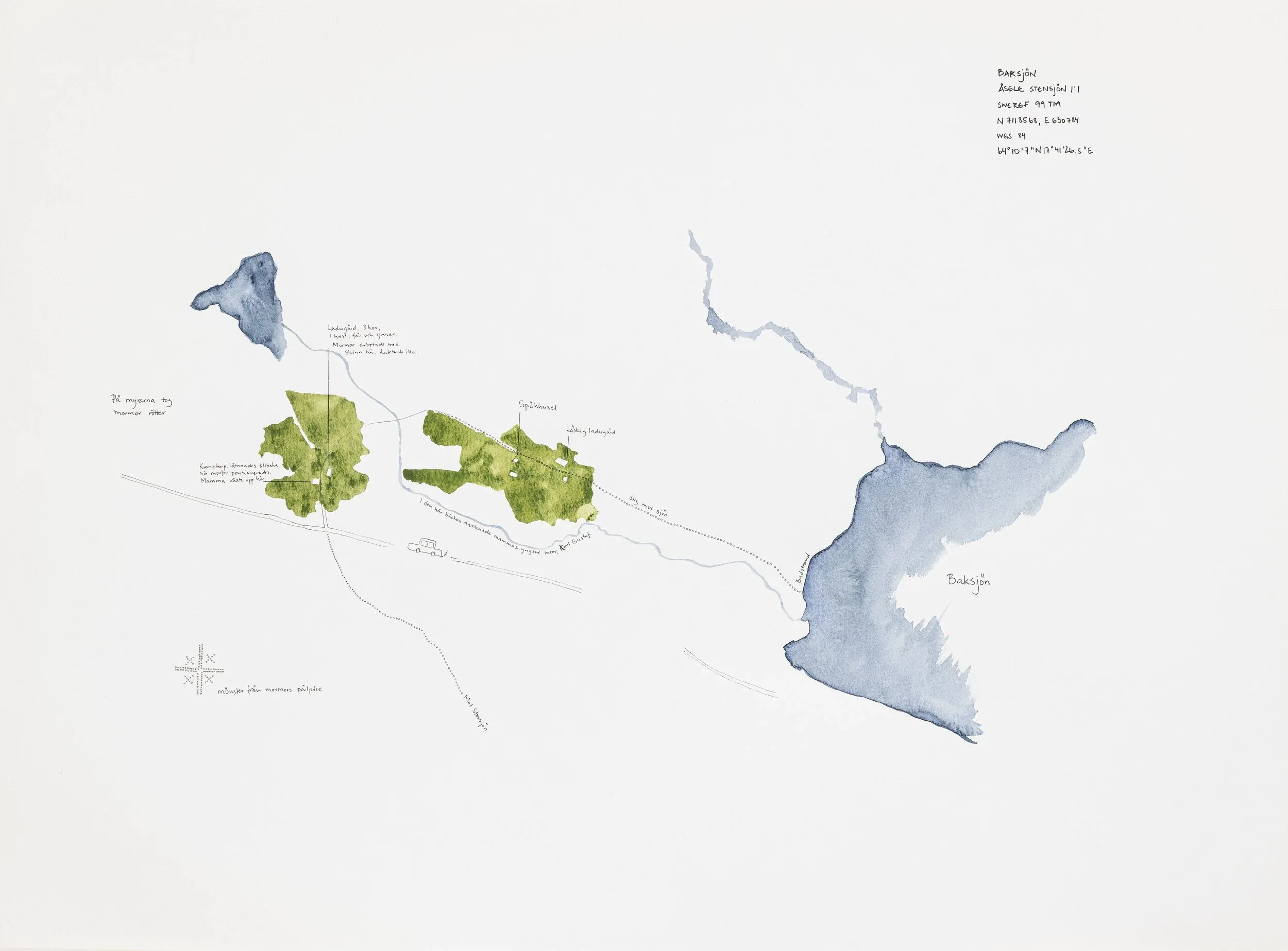 Katarina Pirak Sikku (Sápmi, born 1965), Katarina Pirak Sikku vuorkkás: Birága ja Klementssone johtolagat ja máddariid boazomearkkat / From Katarina Pirak Sikku’s archive: Pirak’s and Klementsson’s hiking trails and ancestral reindeer marks , 2021, ink and watercolor on paper, 57 x 76 inches. Courtesy of the artist. © Katarina Pirak Sikku. Photographs by Bild i Norr/Mikael Lundgren