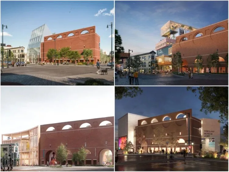 Concepts by the fours design teams that were finalists for the expansion of the Portland Museum of Art. The plans (clockwise from top left) are from: Toshiko Mori, MVRDV, Adjaye Associates and Lever Architecture. Images courtesy of the respective design firms, Portland Museum of Art, and Dovetail Design Strategists