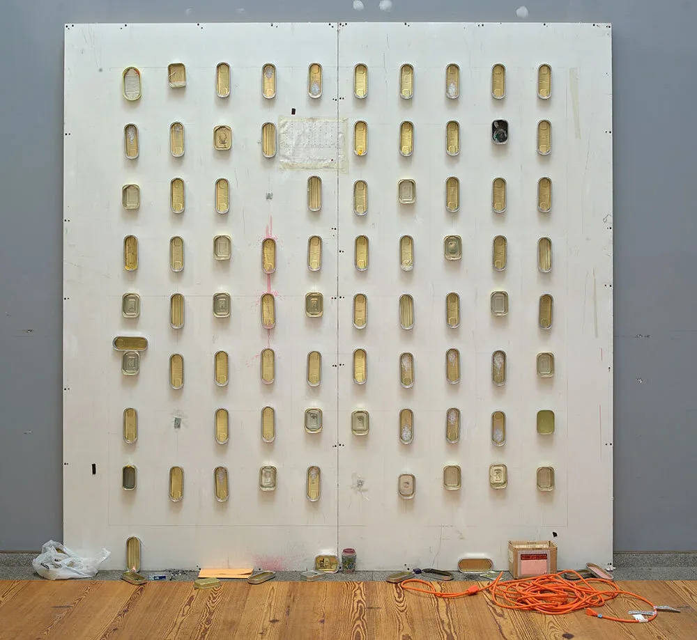 William Pope.L (United States, born 1955), Maybe , 2009-2010, MDF board, sardine cans, plastic bag, cardboard box, nails, electrical extension cord, paint, graphite, 96 x 96 x 18 inches, Gift of Alex Fisher, 2010.13, Image courtesy Luc Demers