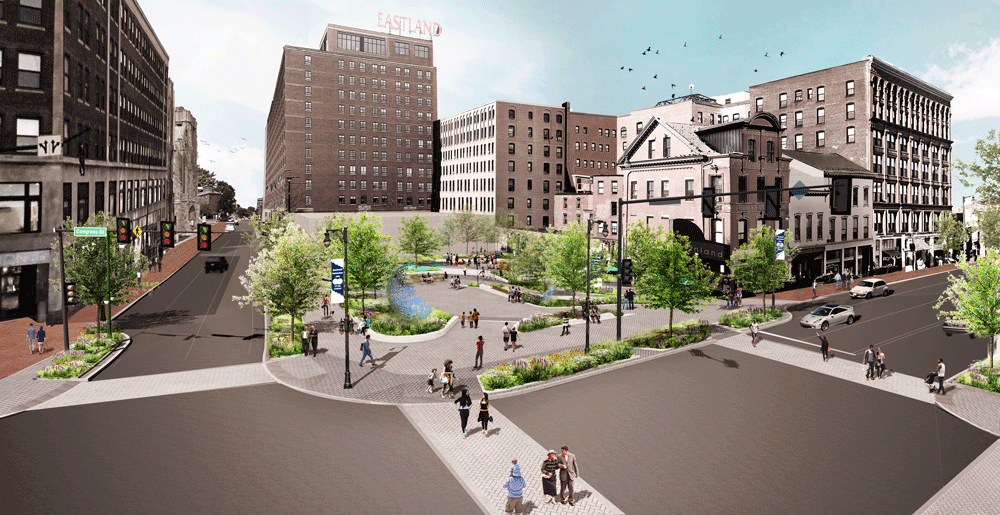 Rendering of a redesign of Portland’s Congress Square that will include new public art and improvements to traffic flow, landscaping, crosswalks and sidewalks. Rendering courtesy of WRT Planning + Design