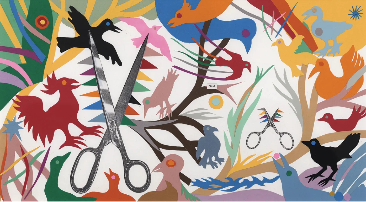  Ashley Bryan (United States, born 1923),  Endpapers Beautiful Blackbird, &nbsp;2-3 [Atheneum Books for Young Readers 2003], Collage of cut colored paper with mixed media on paper, 15 x 22 1/4&nbsp; inches. Collection of The Ashley Bryan Center 