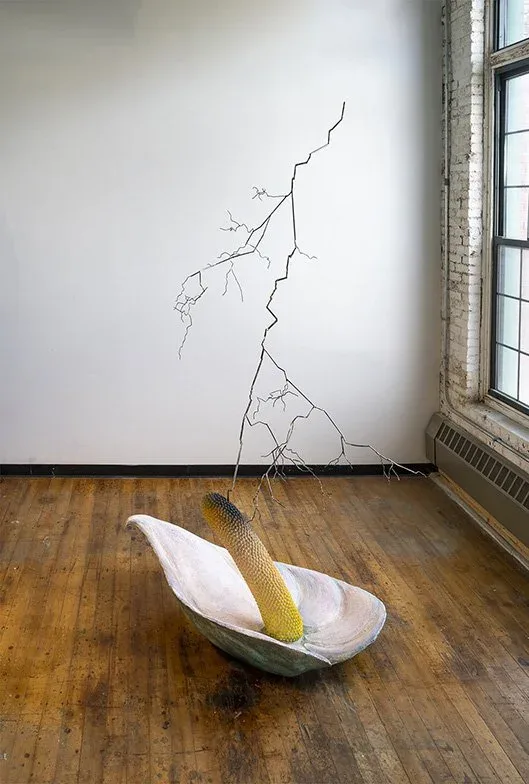 Heat Lightning Welded steel, foam, plaster, pigment, acrylic forms, fabric, oil pigment, and wax, 111″ x 72″ x 72″