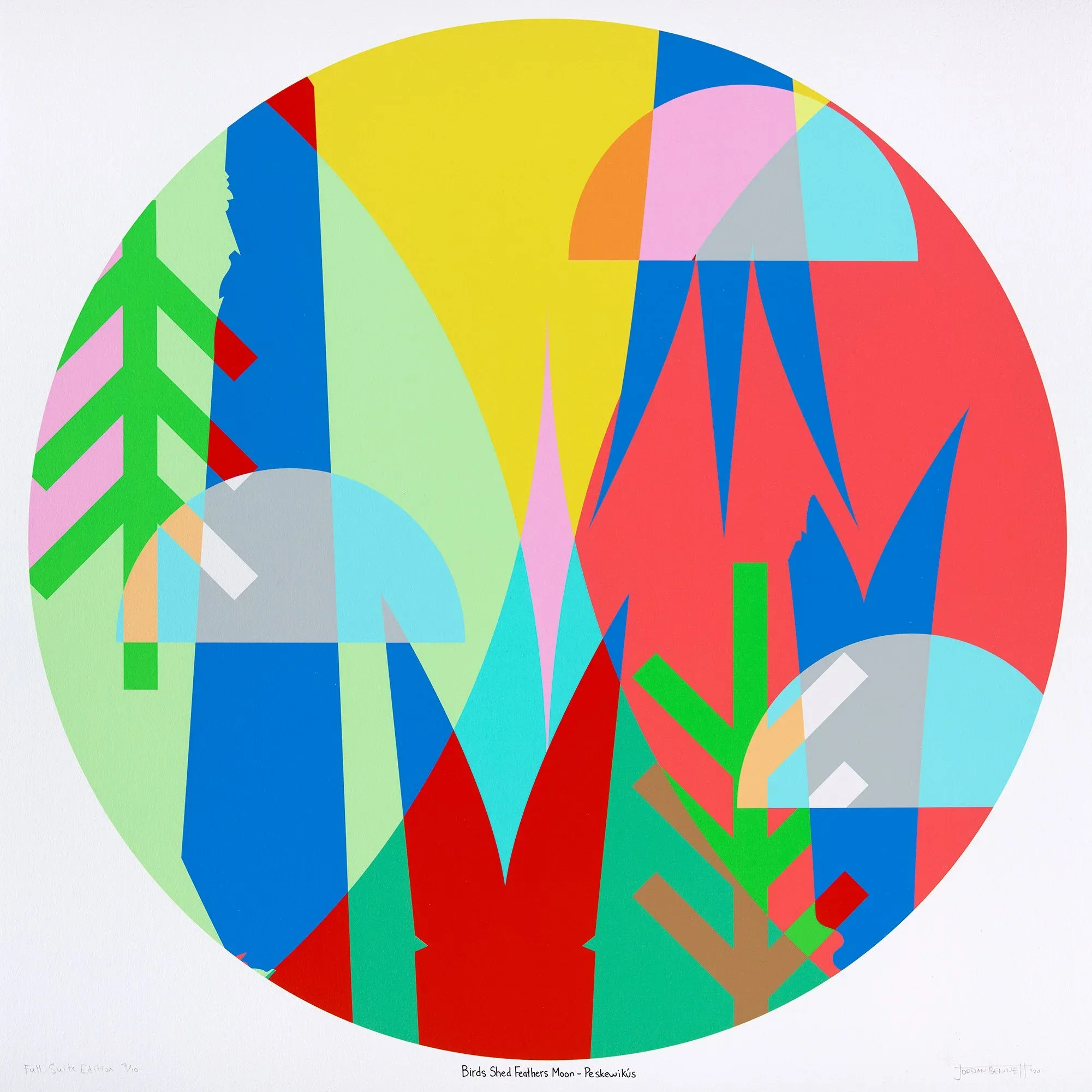 Jordan Bennett (Ktaqmkuk (Newfoundland), Mi’kma’ki, born 1986), Birds Shed Feathers-Peskewikús from 13 Moons: Full Suite , 2020, giclée print on rag paper, 24 x 24 inches. Portland Museum of Art, Maine. Museum purchase with support from the Contemporary Art Fund, 2021.13.1–13. © Jordan Bennett. Photography by Luc Demers