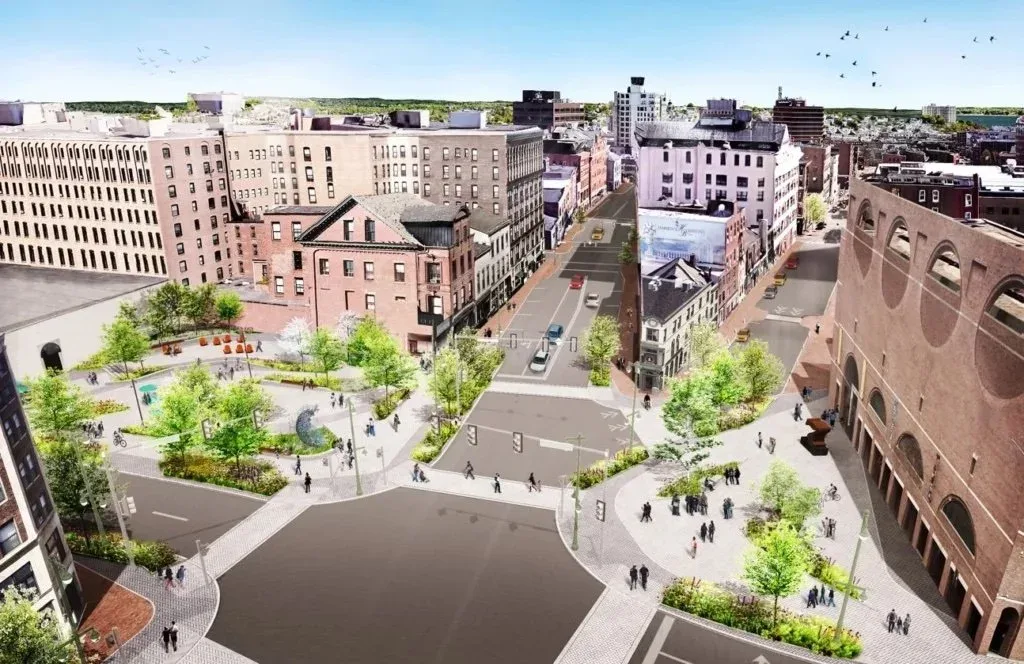 Rendering of a redesign of Portland’s Congress Square that will include new public art and improvements to traffic flow, landscaping, crosswalks and sidewalks. Rendering courtesy of WRT Planning + Design