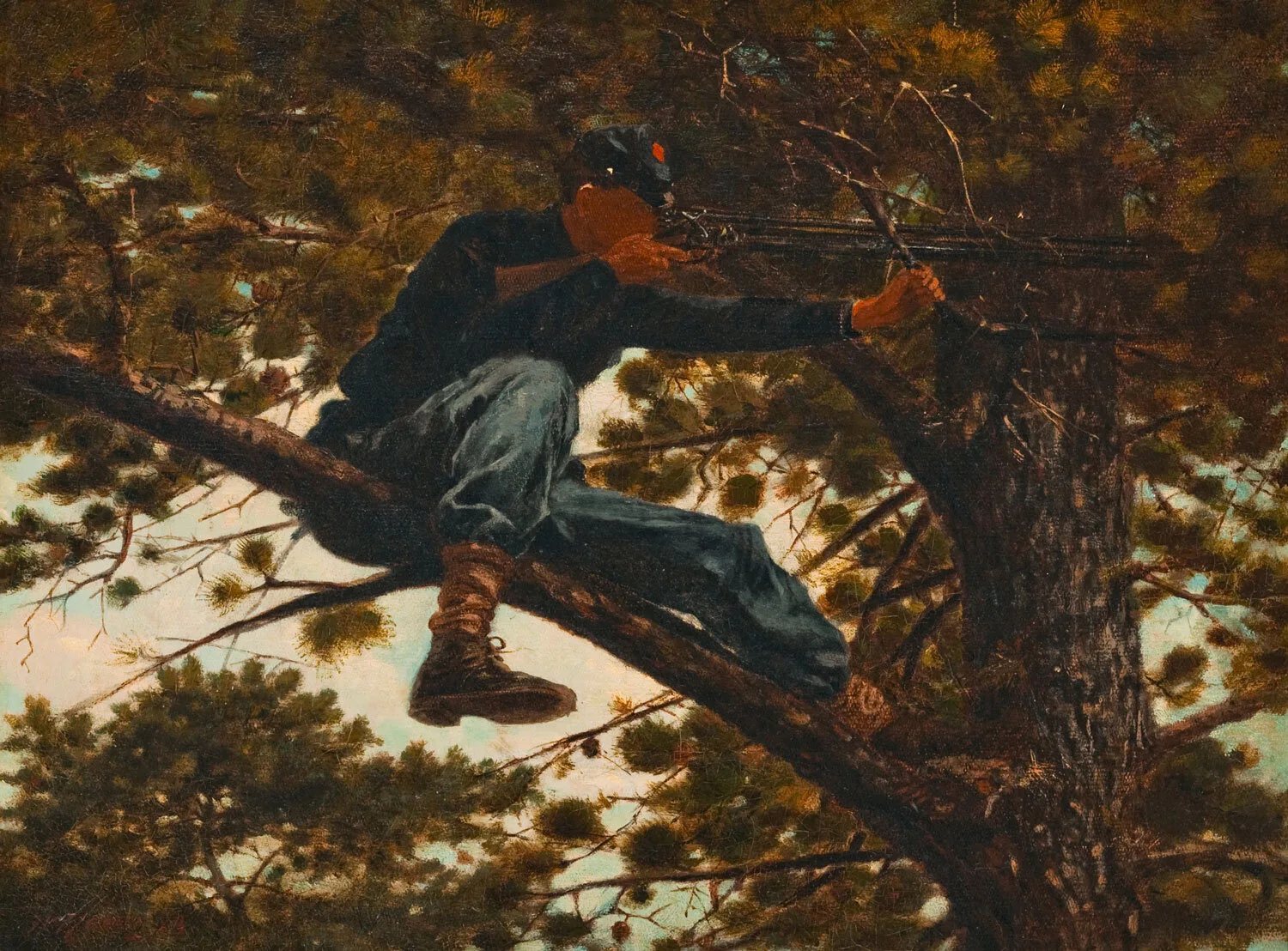 Winslow Homer (United States, 1836–1910), Sharpshooter , 1863. Oil on canvas; 12-1/4 x 16- 1/2 in. Portland Museum of Art, Maine: Gift of Barbro and Bernard Osher, 1992.41. Image courtesy Meyersphoto.com.