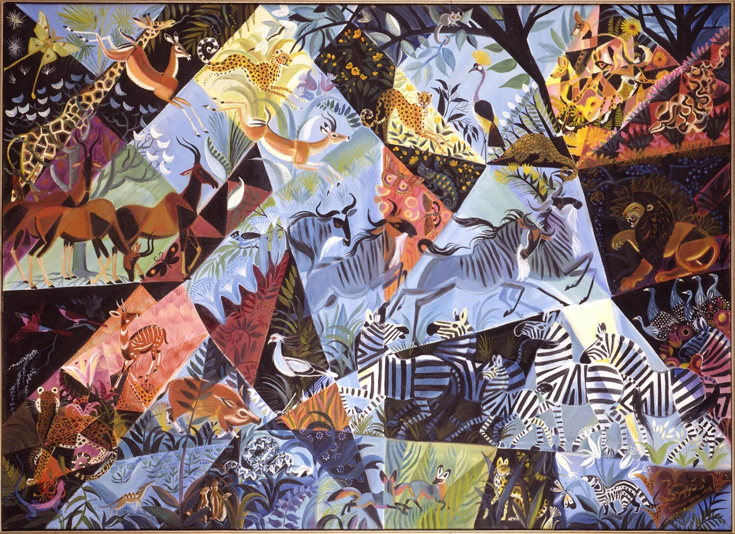 Dahlov Ipcar (United States, 1917 - 2017), Blue Savanna , 1978, oil on canvas, 36 1/16 x 50 1/4 inches. Gift of the artist, 1987.58.