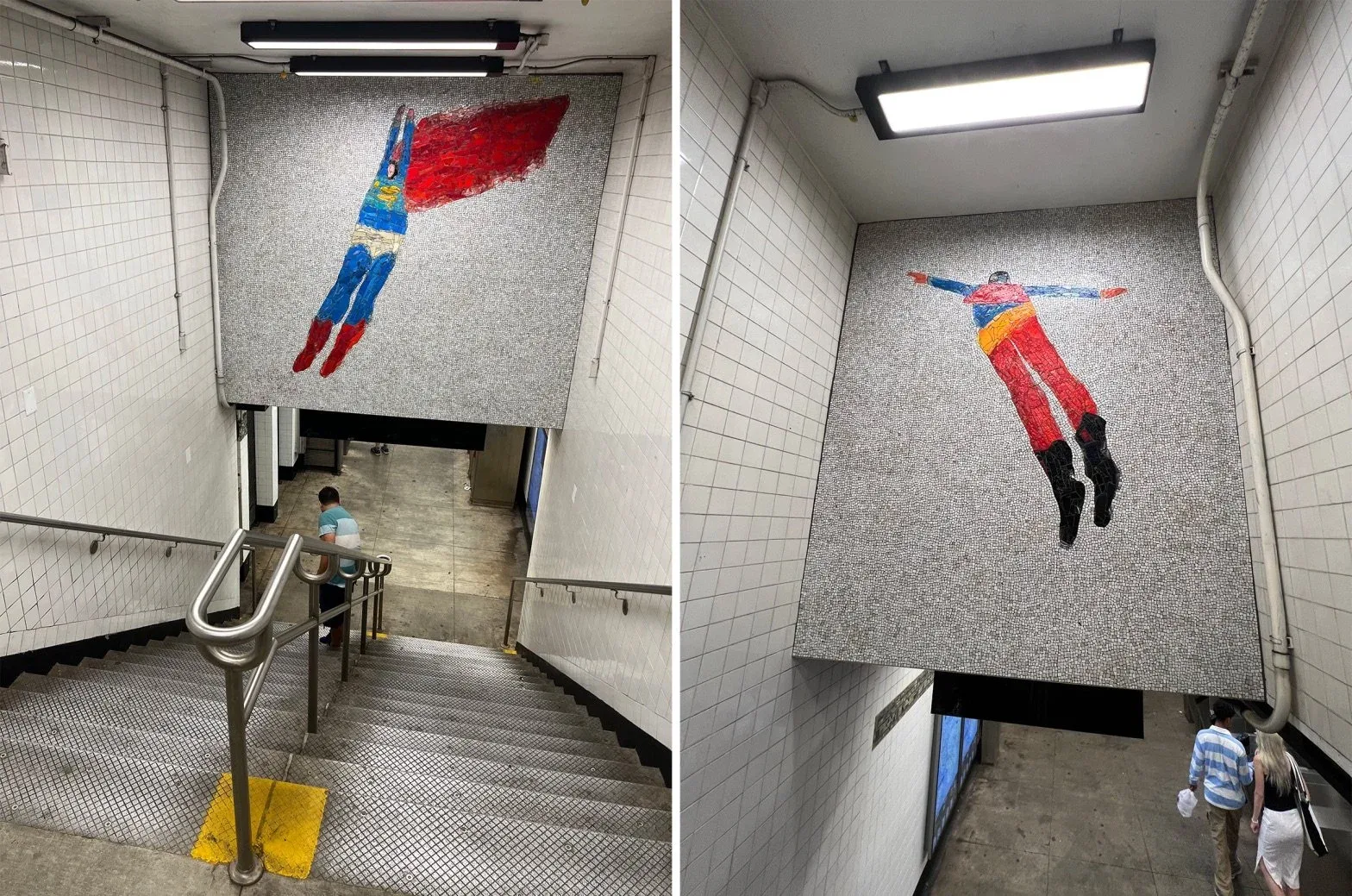 Two of the five mosaic works by Bradford at the First Avenue L station in Manhattan