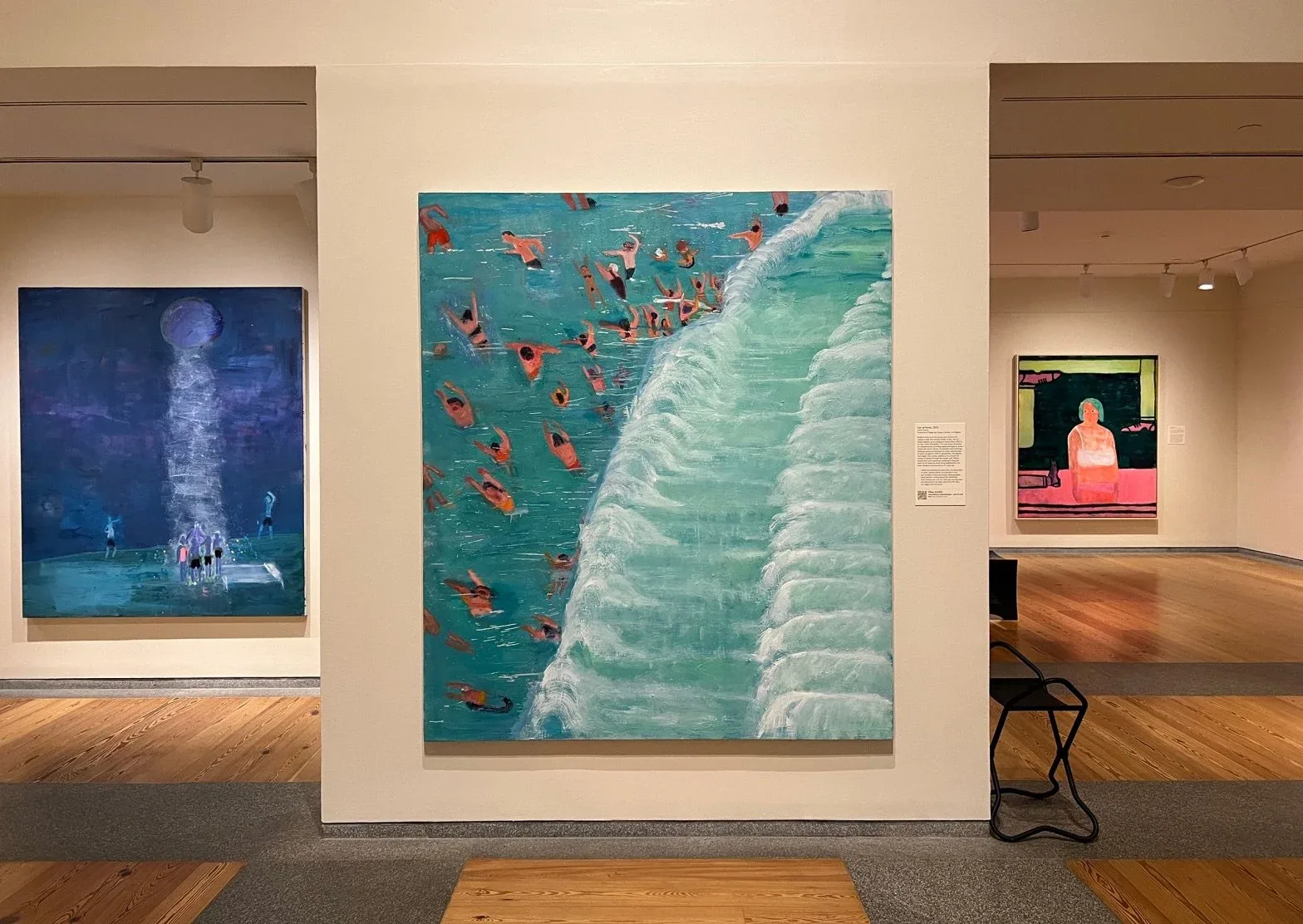 Katherine Bradford’s “Fear of Waves” (2015), center, is one of the most prominent works in her survey exhibition at the Portland Museum of Art. (photo Hrag Vartanian/Hyperallergic)