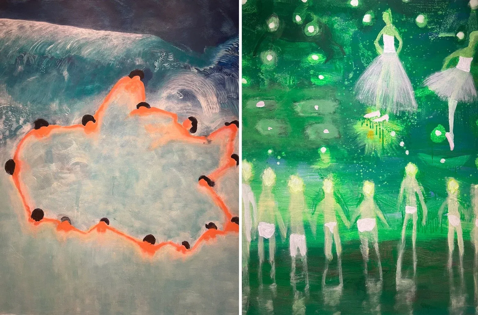 Details of, left, “Group Swim” (2004), and, right, “Prom Swim, Green” (2016)