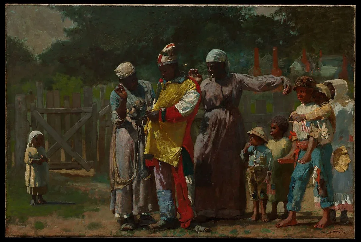 “Dressing for the Carnival” (1877). Its brightly colored, singing beauty is such that tragedy takes hold only on examination. Art work courtesy the Metropolitan Museum of Art